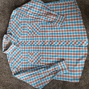 EUC Mens Wrangler Blue/Brown/White Long Sleeve  Western Snap Shirt Size 2XL